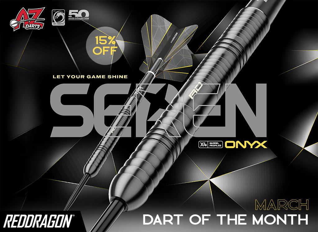Red Dragon Seizen Onyx dart with promotional text on a dark background