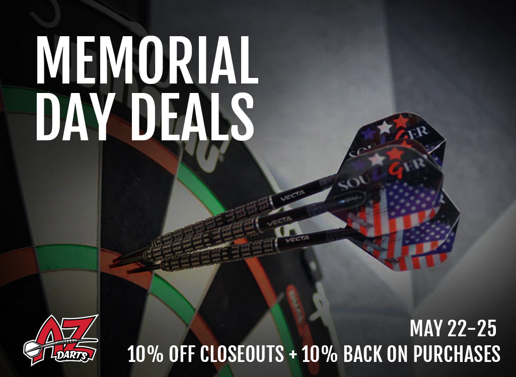 Darts with American flag design on a dark background, promotional text for Memorial Day Deals.