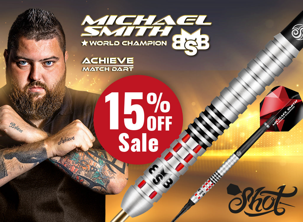 Promotional image of a dart with 'Michael Smith' branding and a 15% off sale offer.