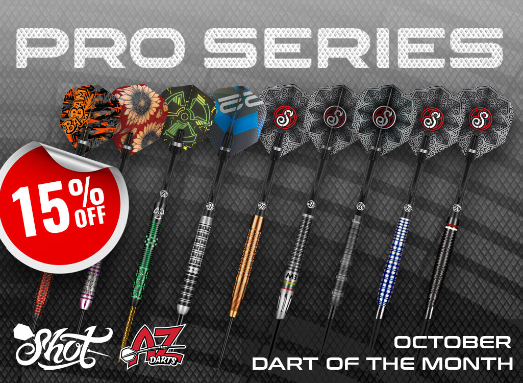Promotional graphic for Azmer Shot Pro Series October Dart of the Month, showing eight darts with various colorful flights and barrels against a dark textured background with a red 15% off sticker.