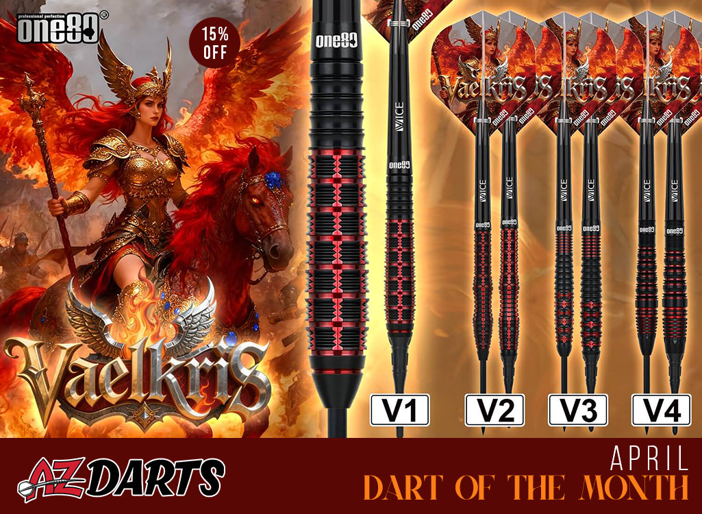 A-Z Darts Vaelkris dart set with warrior and horse illustration on a promotional background.