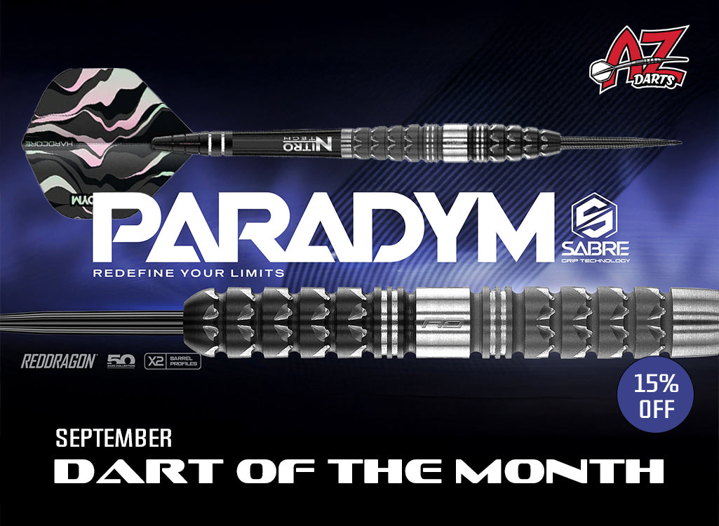 Promotional graphic for the Sabre Paradym Reddragon dart set, featuring a dart with black patterned flights, a close-up of the metallic silver and black barrel, and promotional text including 'September Dart of the Month' and '15% Off'.