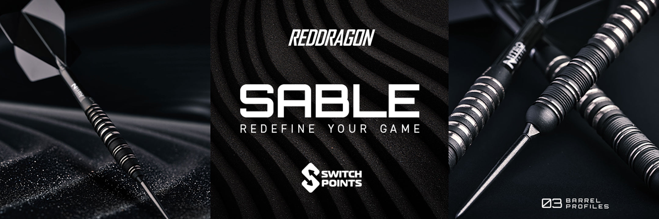 Red Dragon Sable darts with branding and product details on a dark background