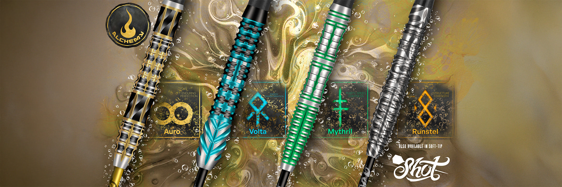 Set of darts with various designs and branding on a decorative background