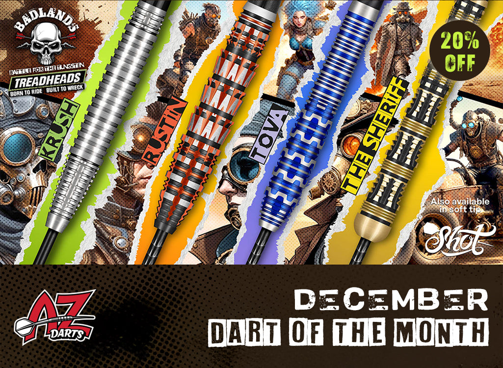 Collection of darts with various designs and branding, featuring a promotional message for 'Dart of the Month' by AZ Darts.