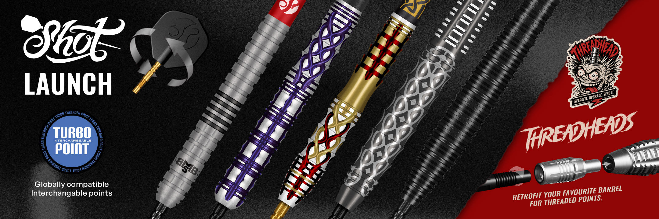 Promotional graphic for Shot Launch darts featuring multiple dart barrels and tips in silver, purple, gold, and black patterns, alongside a red Threadheads logo and a black background.