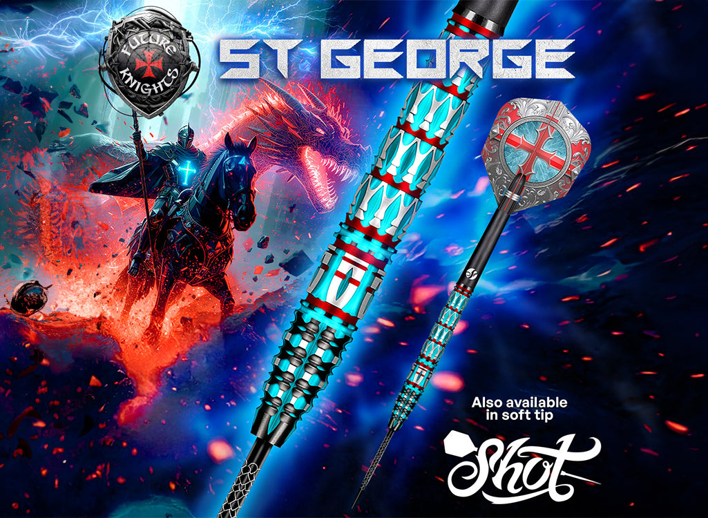 Darts with 'ST George' branding against a colorful background featuring a knight on a horse.