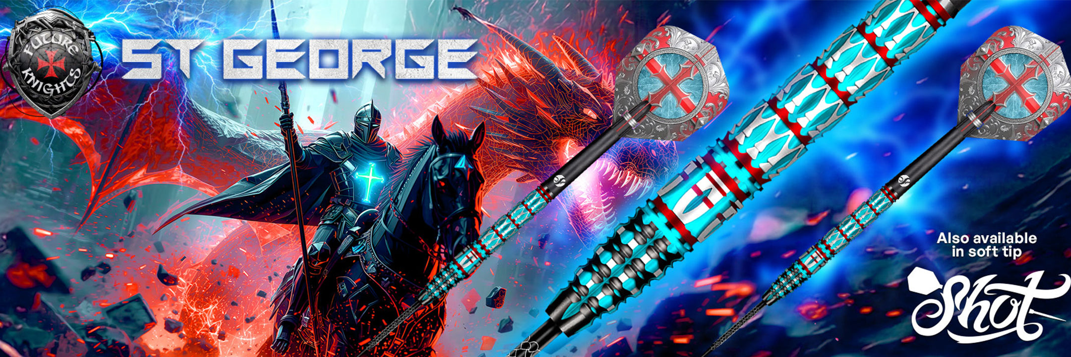 Decorative banner with 'St. George' branding featuring a warrior on horseback and darts.