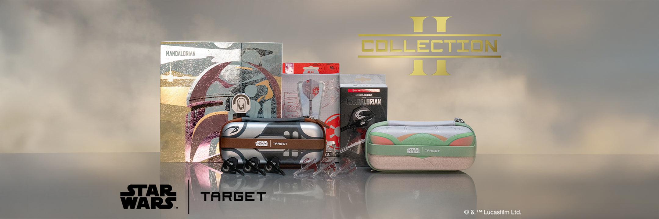 Collection of Star Wars toys and packaging on a reflective surface with 'Target' branding.