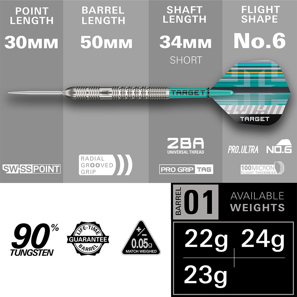 Target Hydro 01 Swiss Point Steel Tip Darts - 22gm