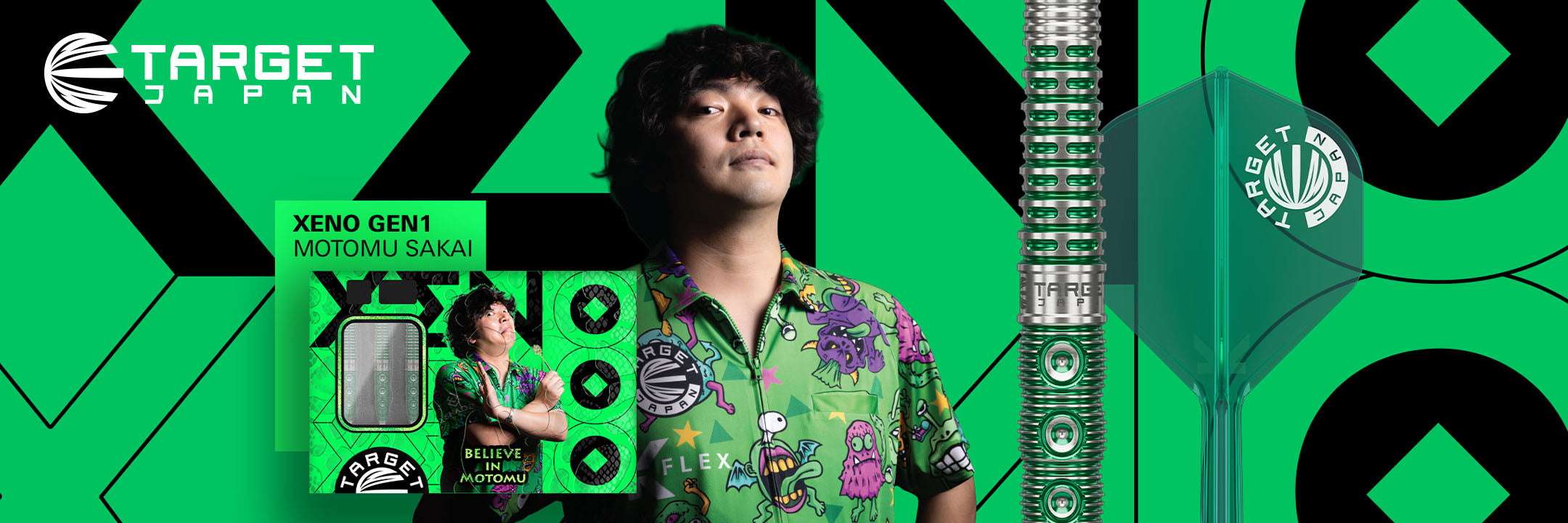 Promotional banner for a product featuring a person in a green shirt against a green-and-black background, with the brand 'TARGET Japan'.
