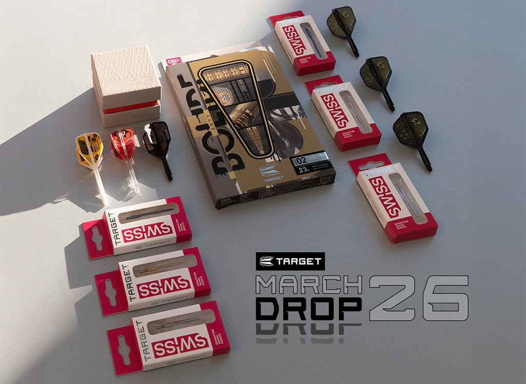 Collection of darts and packaging on a light gray background with 'Target' branding.