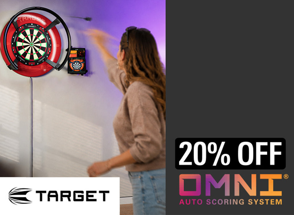 A woman throws a dart at a wall-mounted dartboard with a Target promotional banner on the bottom left and a dark gray sidebar on the right offering 20% off the Omni Auto Scoring System.