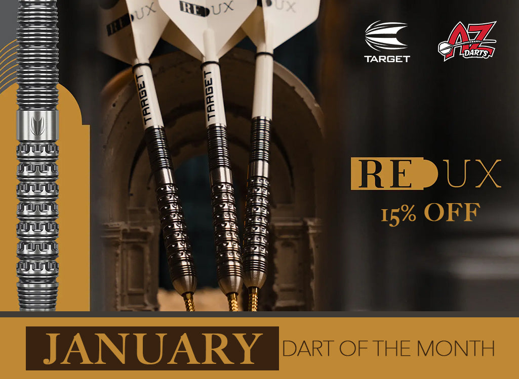 Three darts with silver and black shafts embedded in a dartboard, featuring Target and AZ Darts logos. Promotion text for 'RE UX' darts is displayed.