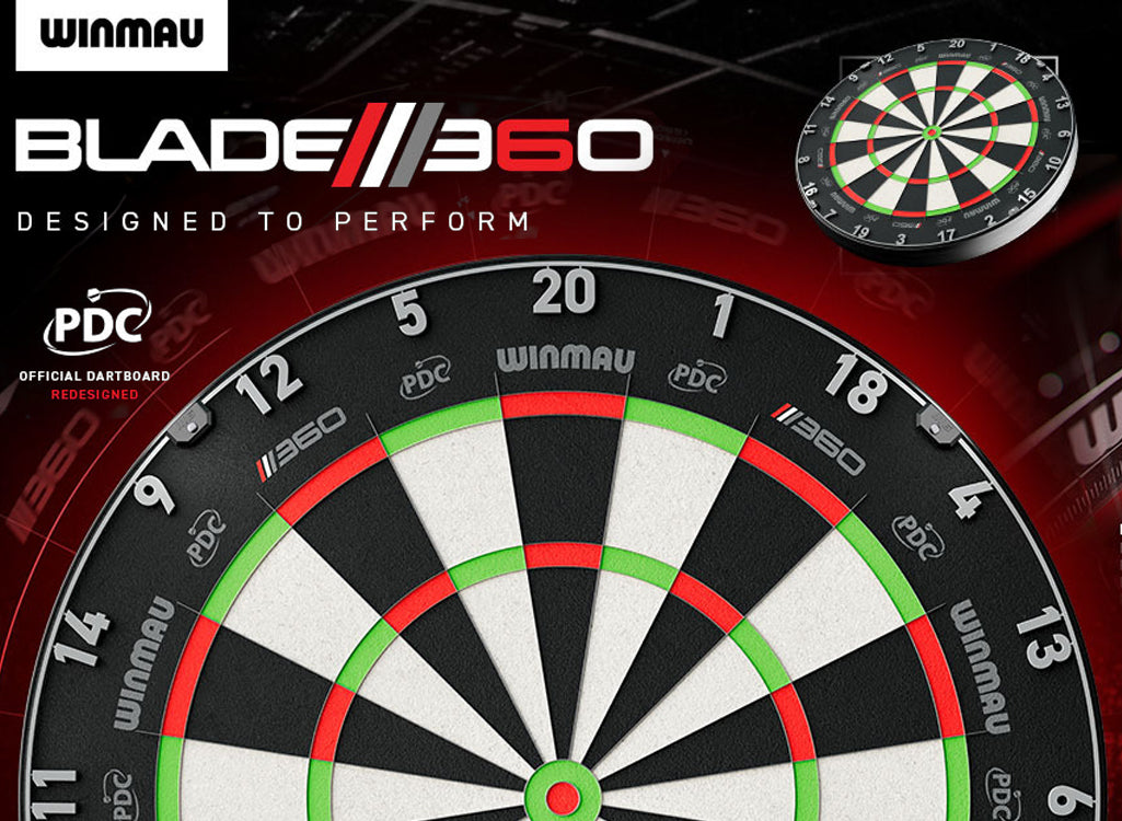 Winmau Blade 360 dartboard with branding and PDC logo on a dark background