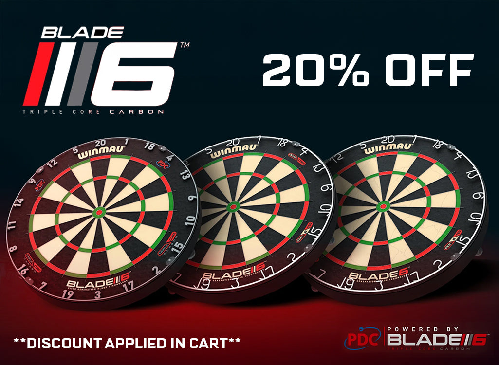 Three Blade 16 dartboards arranged in a row on a dark background with promotional text reading 'BLADE 16 20% OFF' and 'DISCOUNT APPLIED IN CART'.