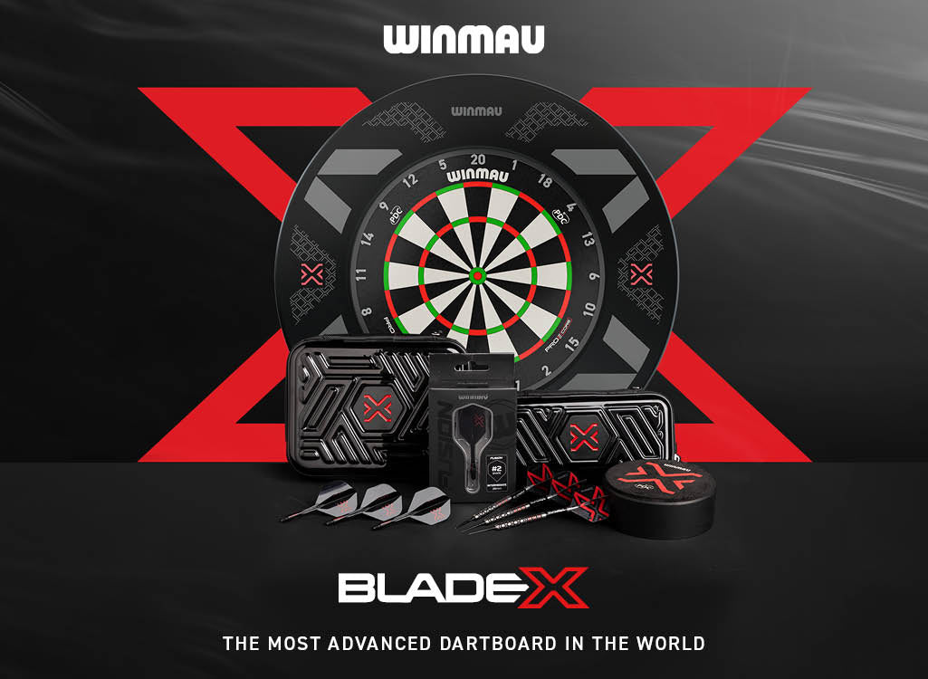 Winmau Blade X dartboard set on a black background with red accents