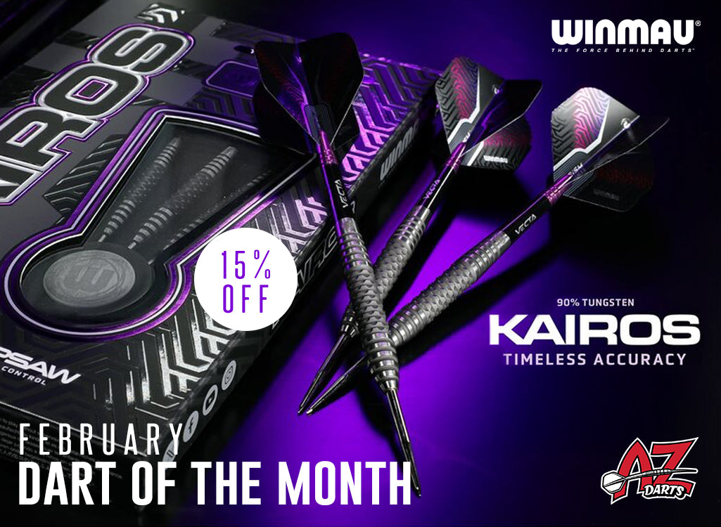 Winmau Kairos darts with promotional text on a purple background