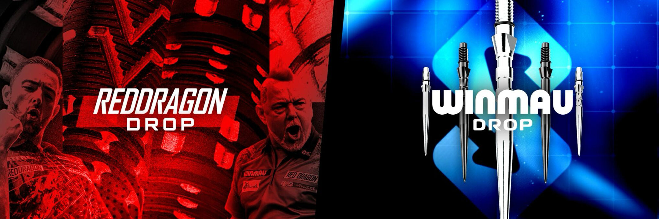 Two product advertisements for Red Dragon and Winmau, featuring brand logos and product images.