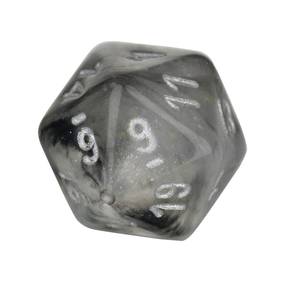 20mm Square Corner D20 Glow In The Dark Dice - Smoke With Silver Numbers