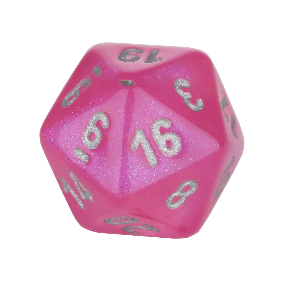 20mm Square Corner D20 Glow In The Dark Dice - Pink With Silver Numbers