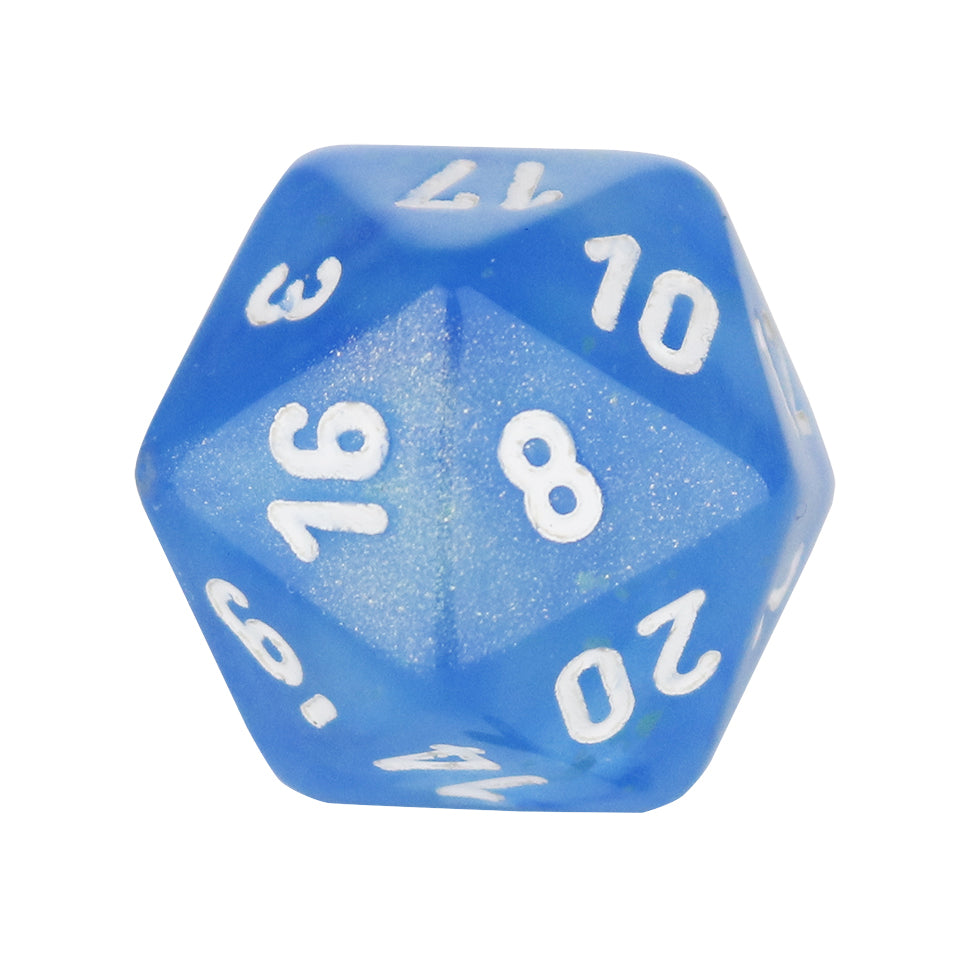 20mm Square Corner D20 Glow In The Dark Dice - Sky Blue With White Numbers