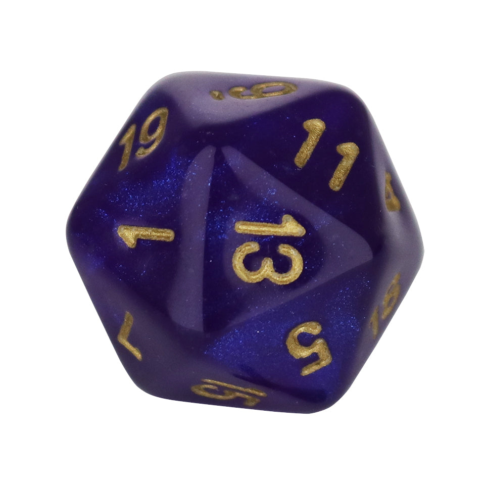 20mm Square Corner D20 Glow In The Dark Dice - Royal Purple With Gold Numbers