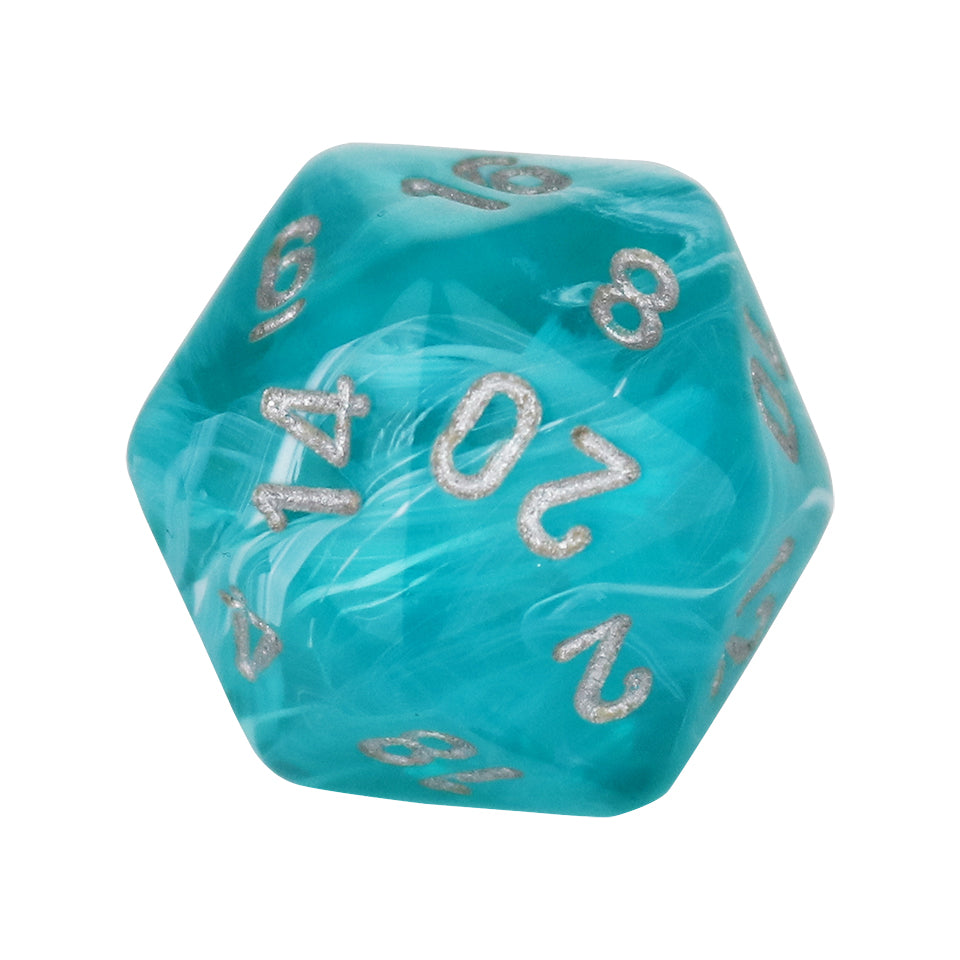 20mm Square Corner D20 Dice - Aqua With Silver Numbers