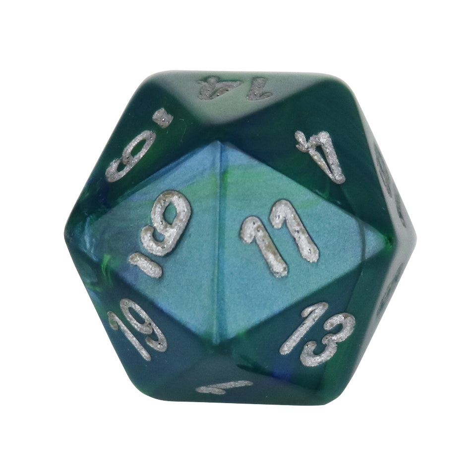 20mm Square Corner D20 Dice - Green With Silver Numbers