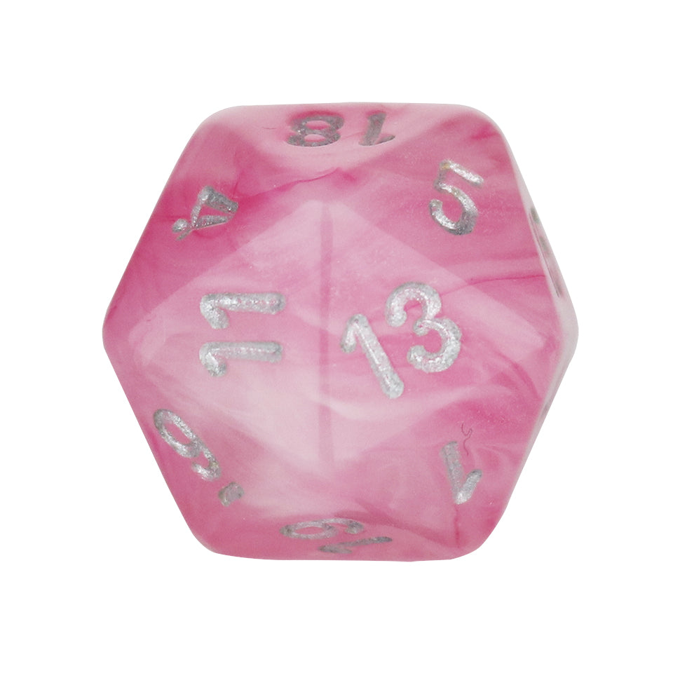 20mm Square Corner D20 Dice - Pink With Silver Numbers