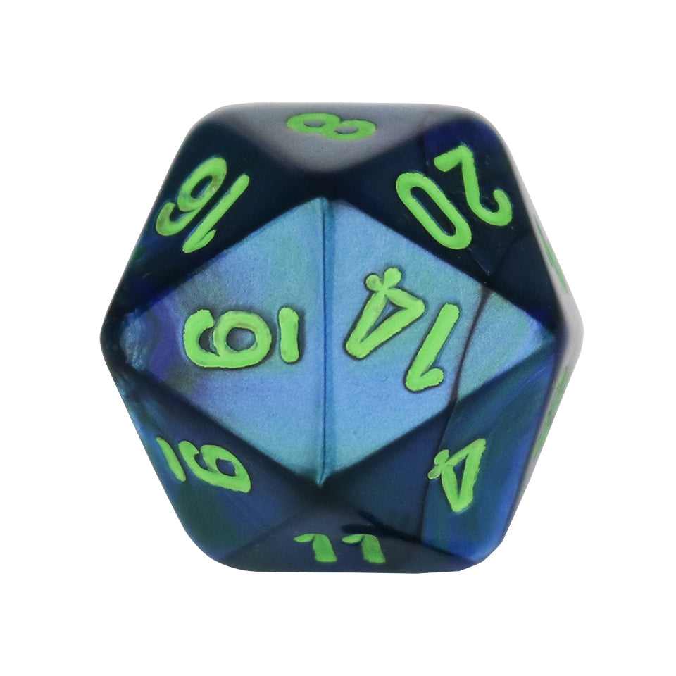 20mm Square Corner D20 Dice - Dark Blue With Green Numbers