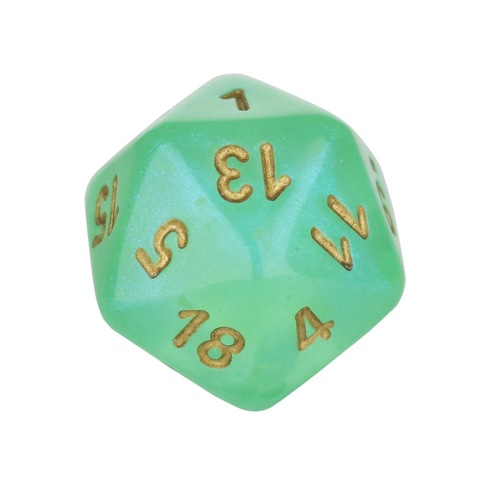 20mm Square Corner D20 Glow In The Dark Dice - Light Green With Gold Numbers