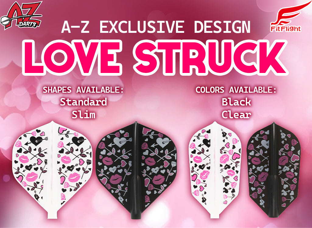 A-Z Darts 'Love Struck' dart flights with floral and lip designs on a pink background.