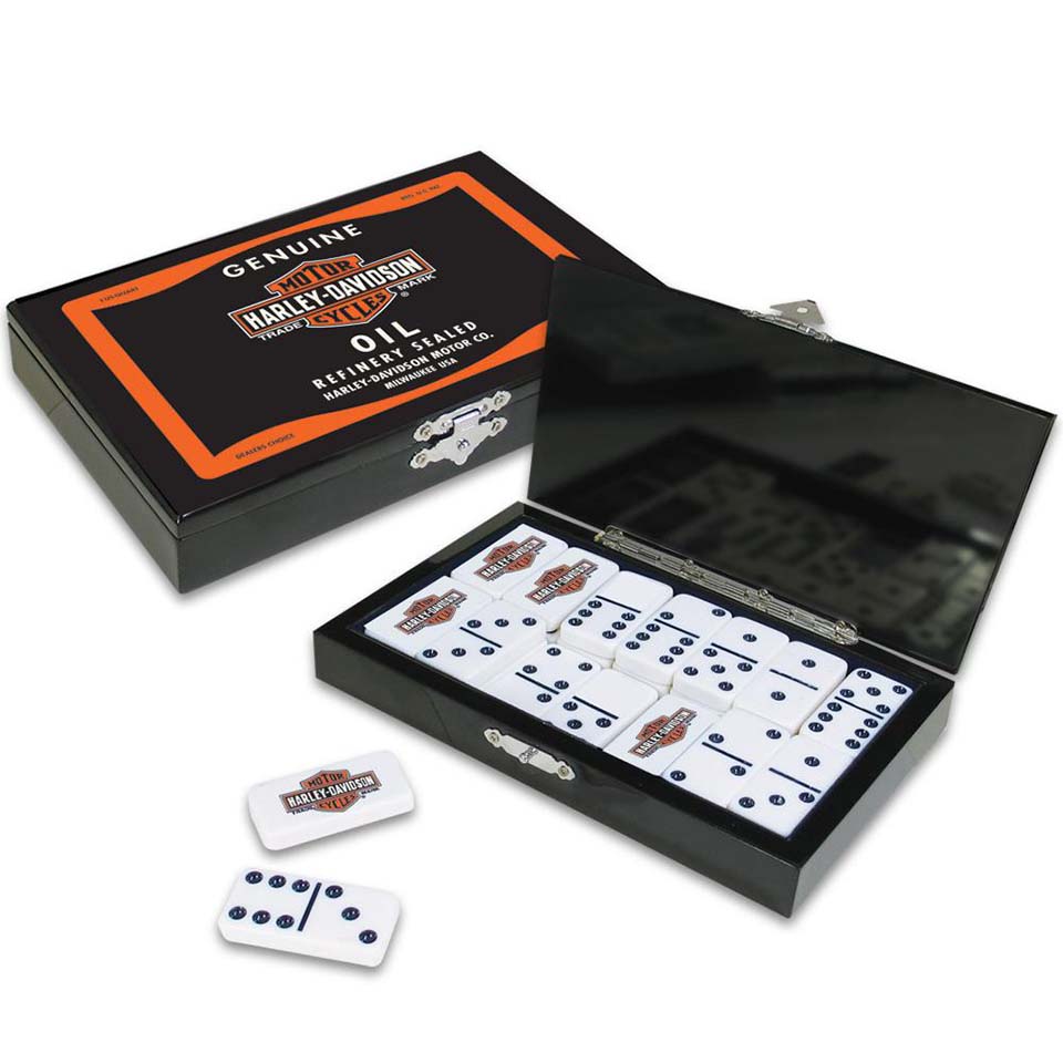 Harley Davidson Oil Can Double Six Domino Set