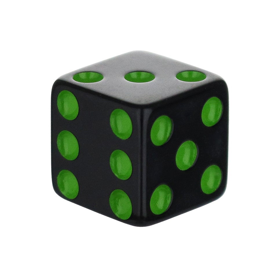 16mm Square Corner Dice - Black With Green Dots