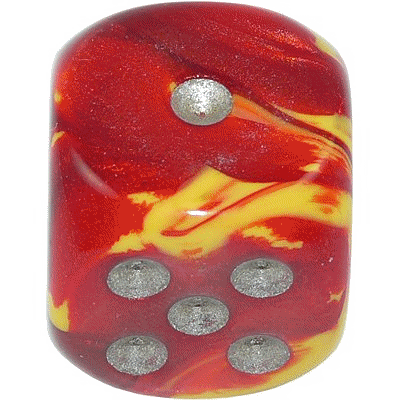 16mm Round Corner Deluxe Dice - Red & Yellow With Silver Dots