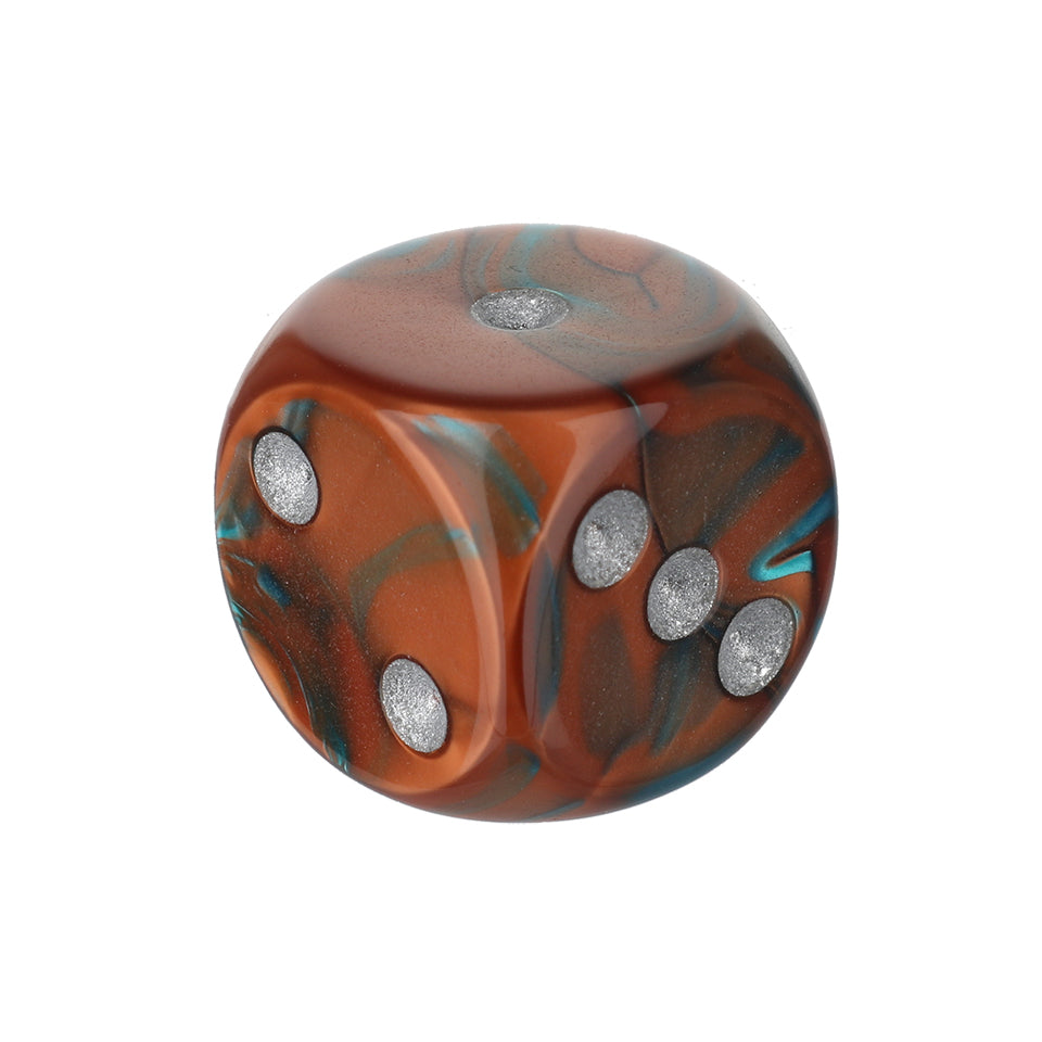 16mm Round Corner Swirl Dice - Copper & Teal With Silver Dots