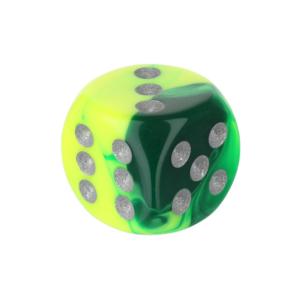 16mm Round Corner Swirl Dice - Green & Yellow With Silver Dots