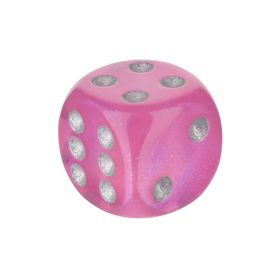16mm Round Corner Translucent Glitter Dice - Pink with Silver Dots