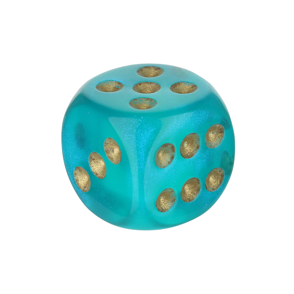 16mm Round Corner Translucent Glitter Dice - Teal with Gold Dots