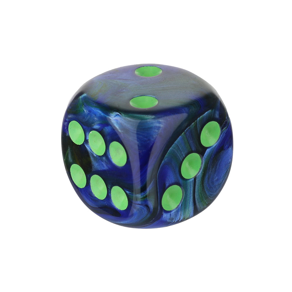 16mm Round Corner Swirl Dice - Blue With Green Dots