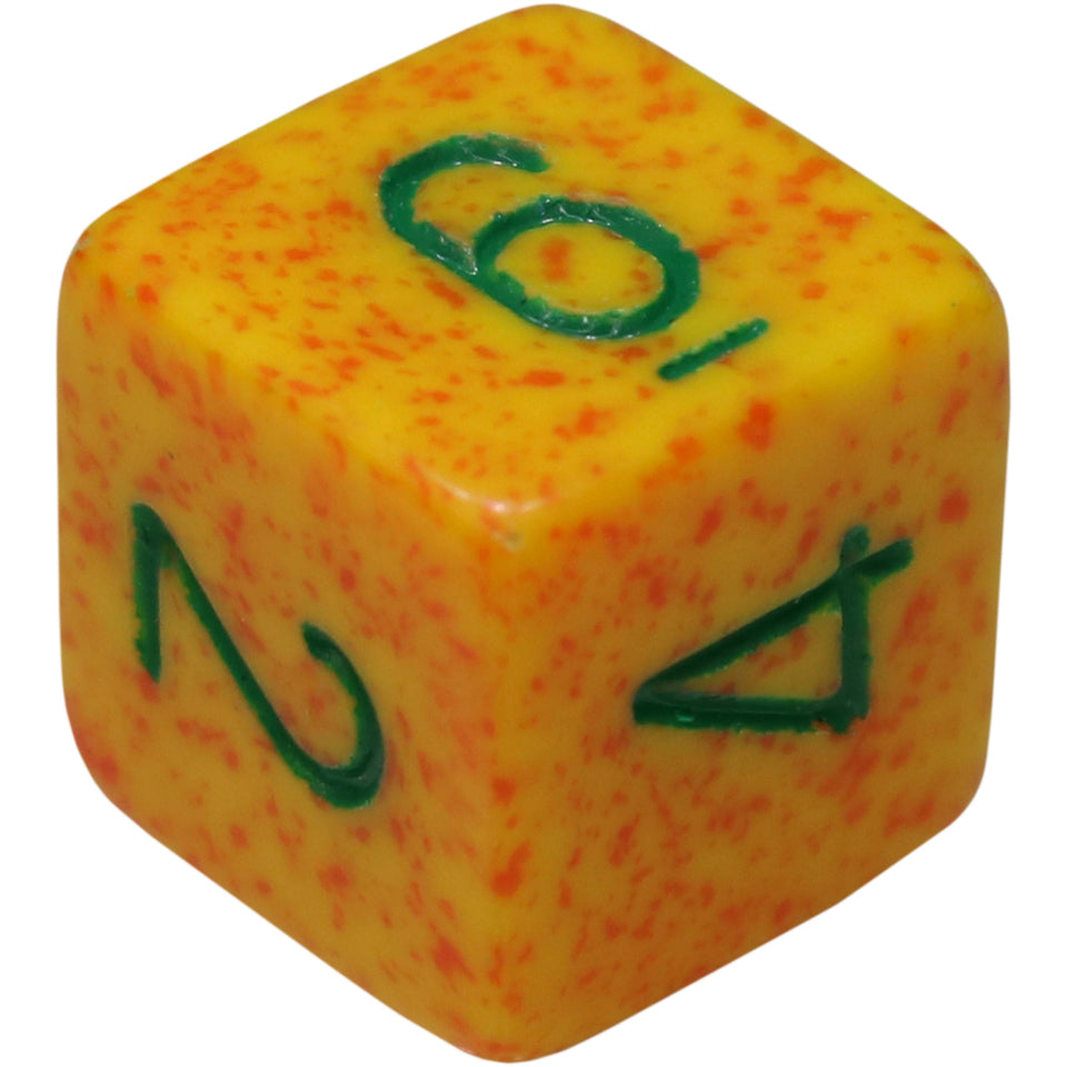 16mm Square Corner Dice - Yellow With Orange Speckles & Green Numbers