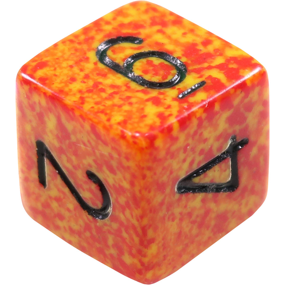 16mm Square Corner Dice - Red With Yellow Speckles & Black Numbers