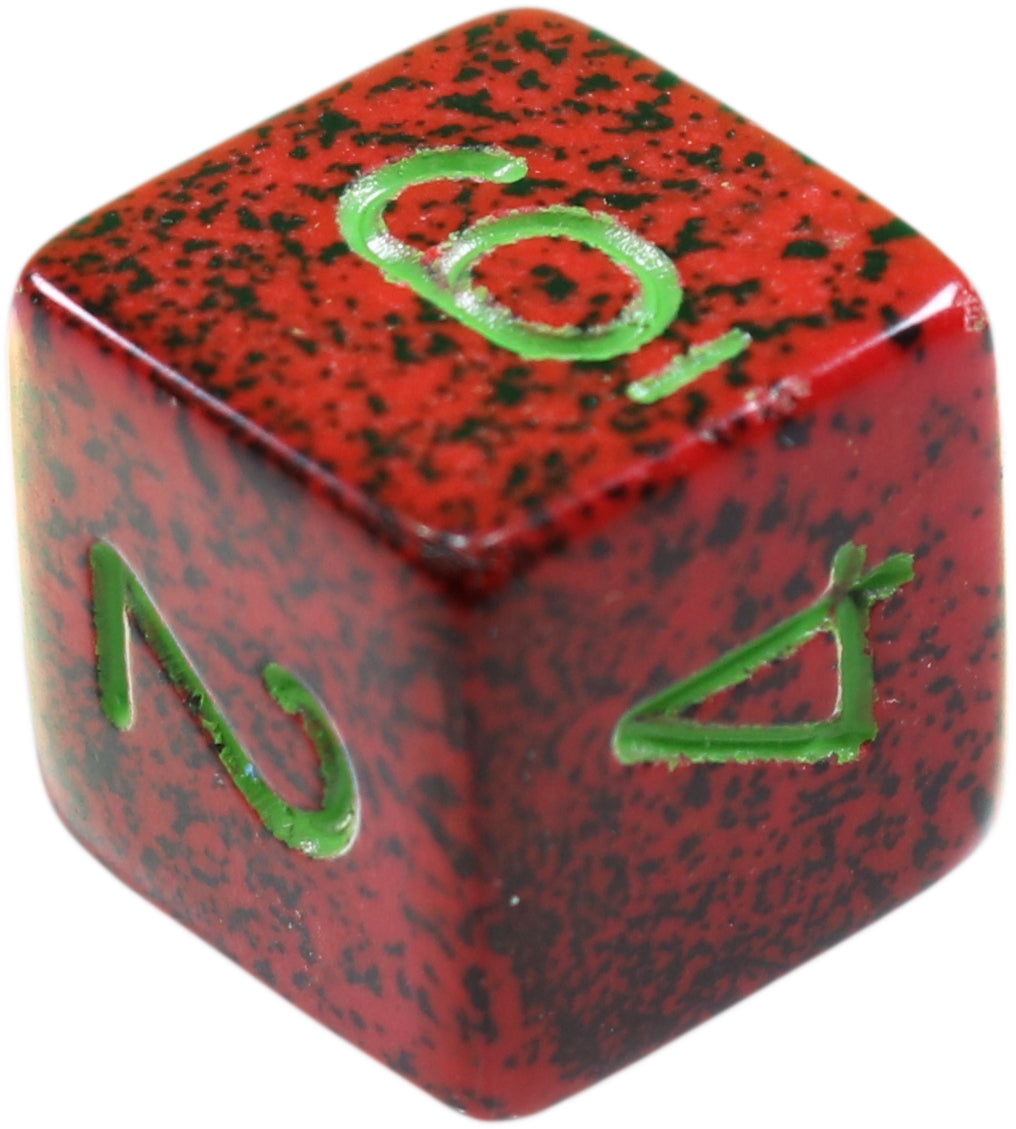 16mm Square Corner Dice - Red With Black Speckles & Green Numbers