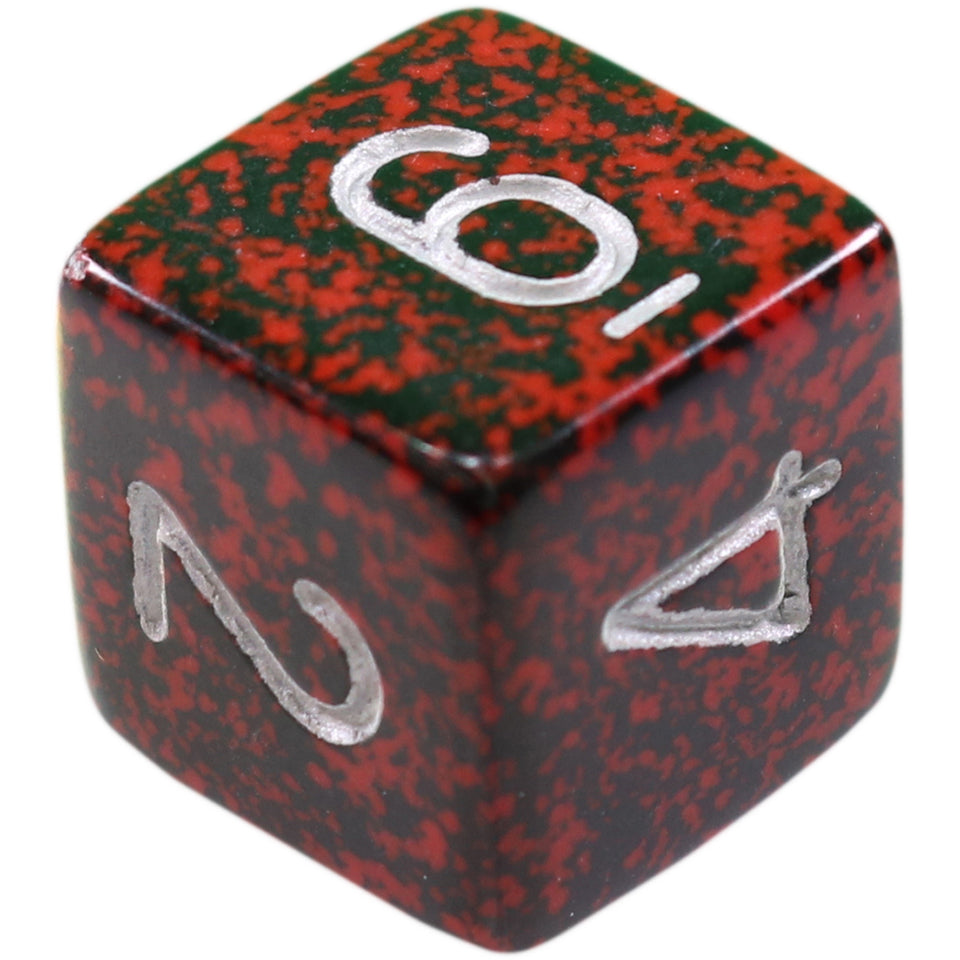 16mm Square Corner Dice - Black With Red Speckles & Silver Numbers