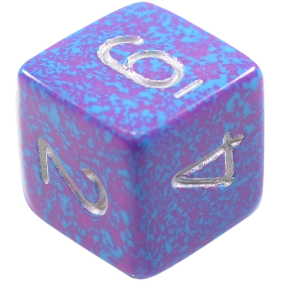 16mm Square Corner Dice - Purple With Blue Speckles & Silver Numbers