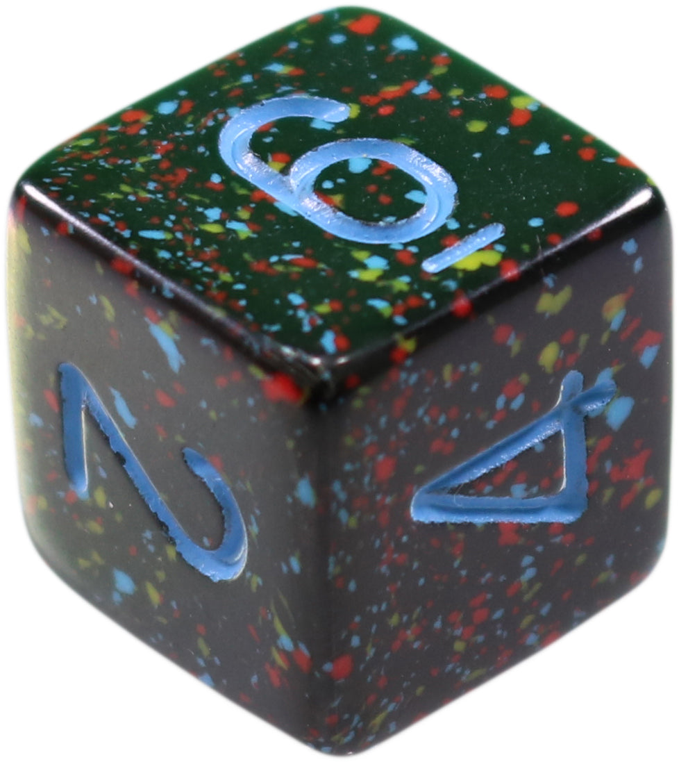 16mm Square Corner Dice - Black With Multi Color Speckles & Blue Numbers