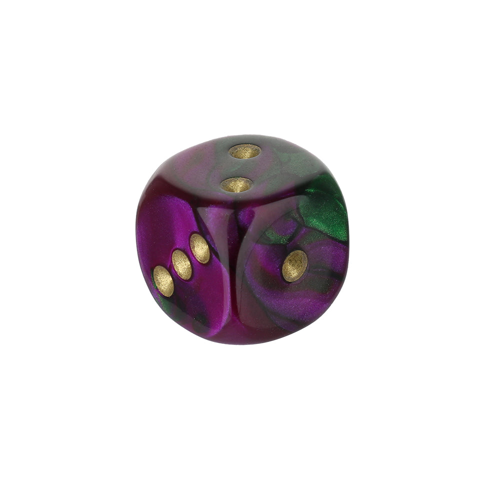 12mm Round Corner Mini Swirl Dice - Purple & Green With Gold Dots