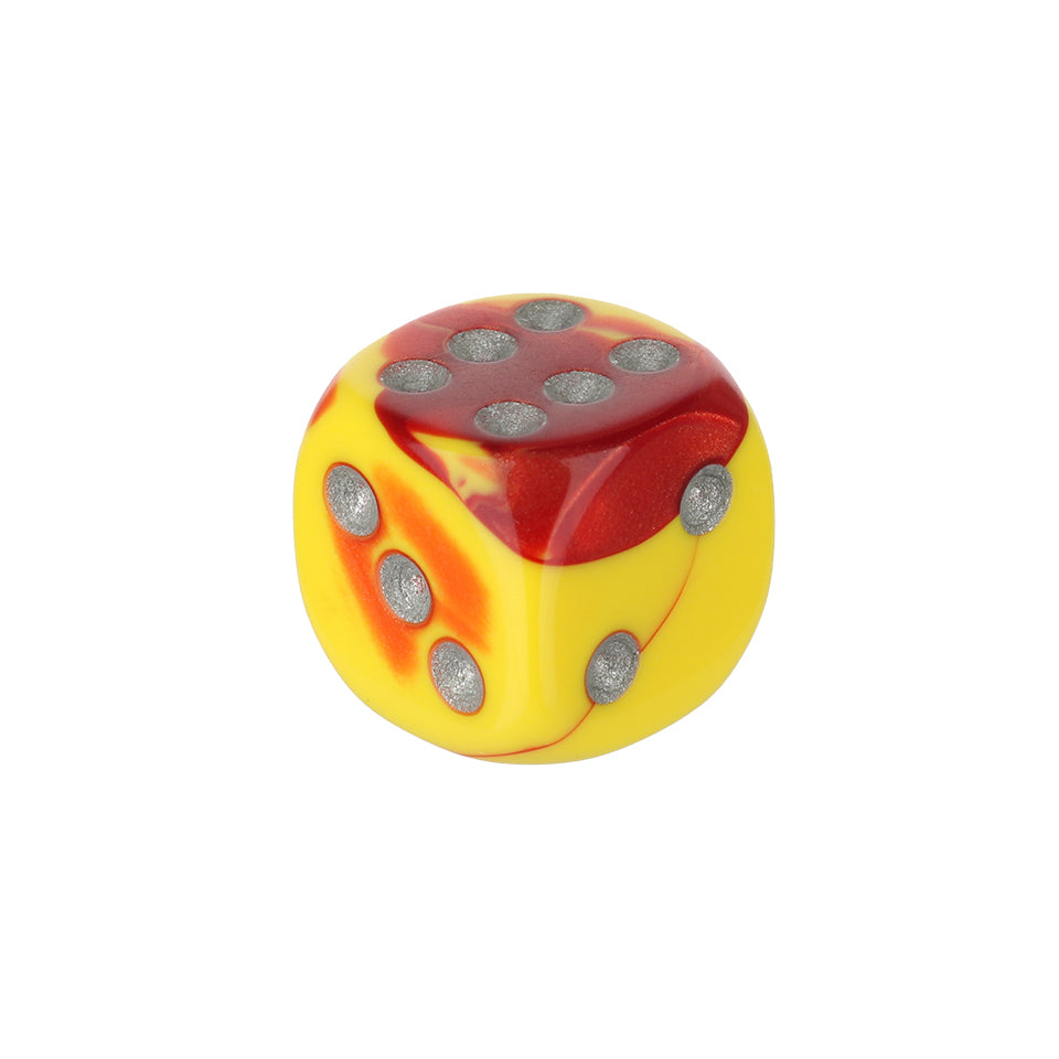 12mm Round Corner Swirl Dice - Red & Yellow With Silver Dots
