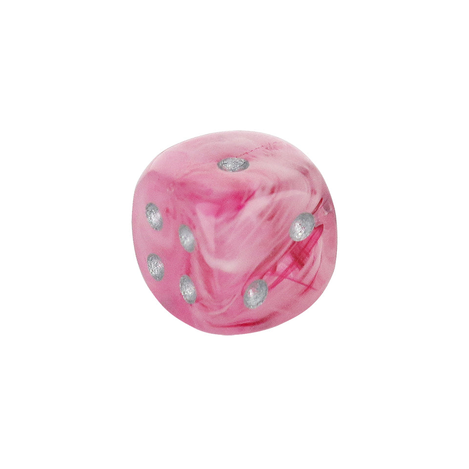 12mm Round Corner Mini Glow In The Dark Dice - Swirl Pink With Silver Dots